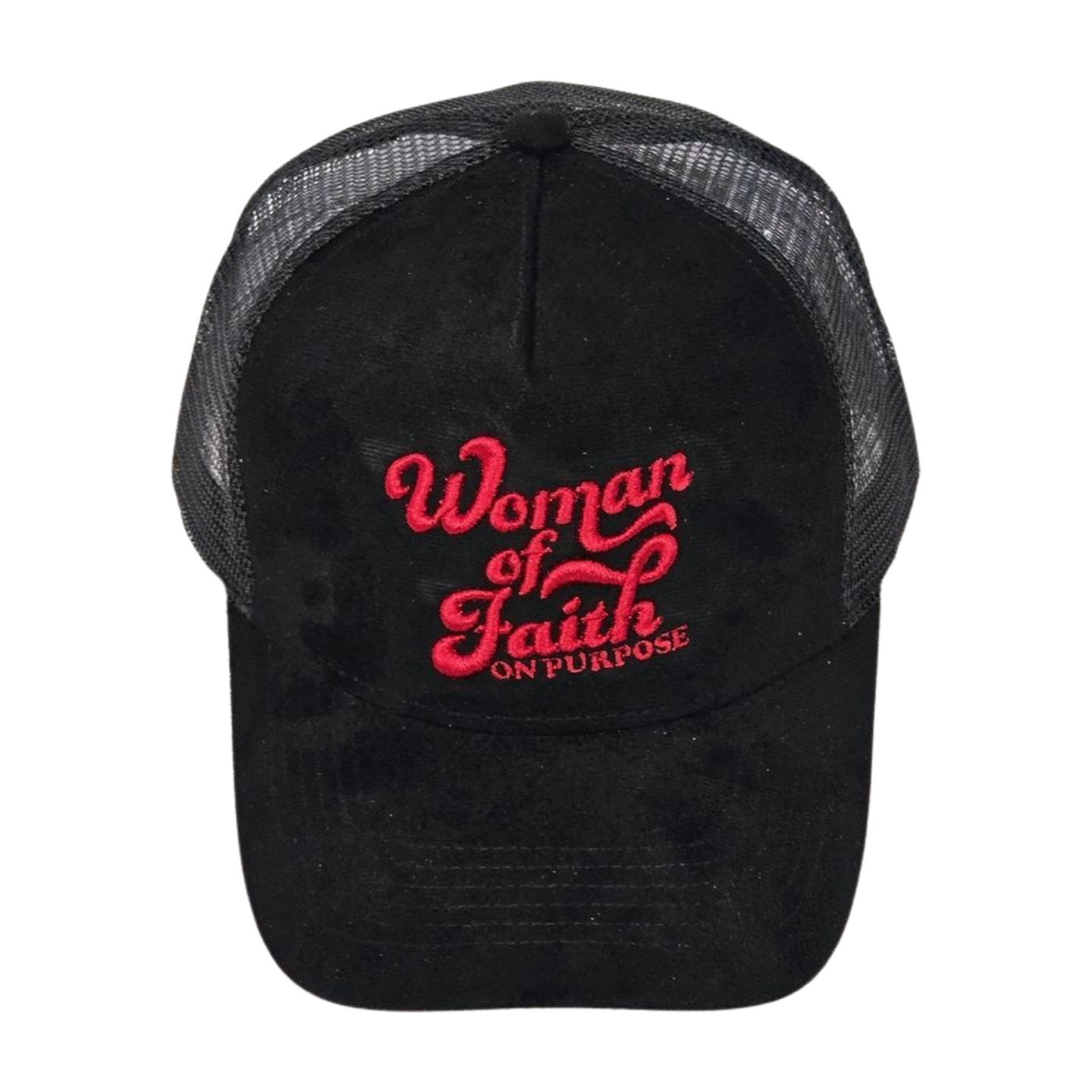 Black cap with red text 'Woman of Faith ON PURPOSE' on a white background