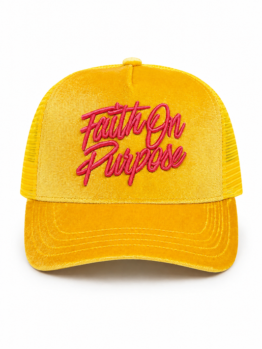 Faith On Purpose Yellow Velvet Trucker Hat