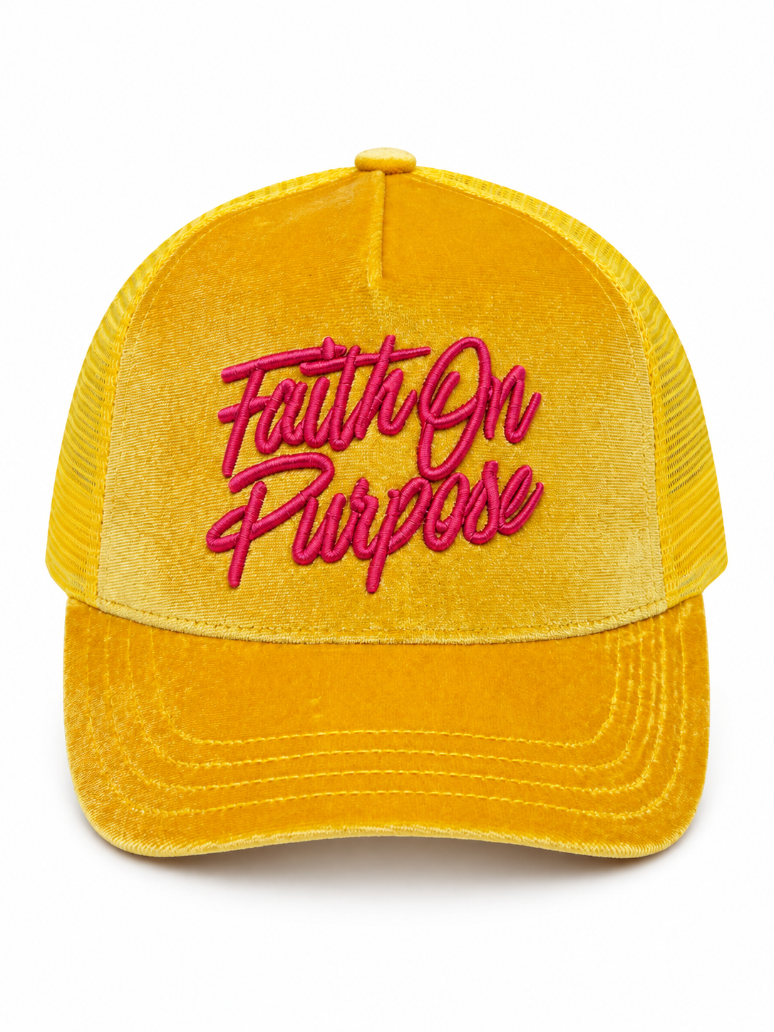 Faith On Purpose Yellow Velvet Trucker Hat