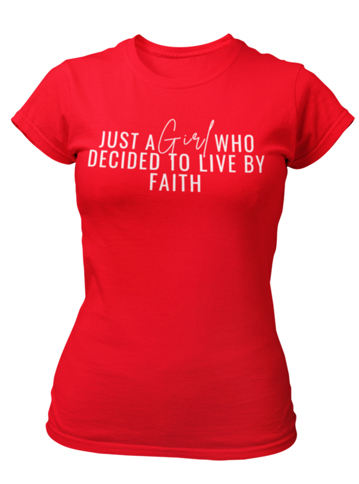 Just A Girl Living By Faith T-Shirt - Red/White - Faith On Purpose Small